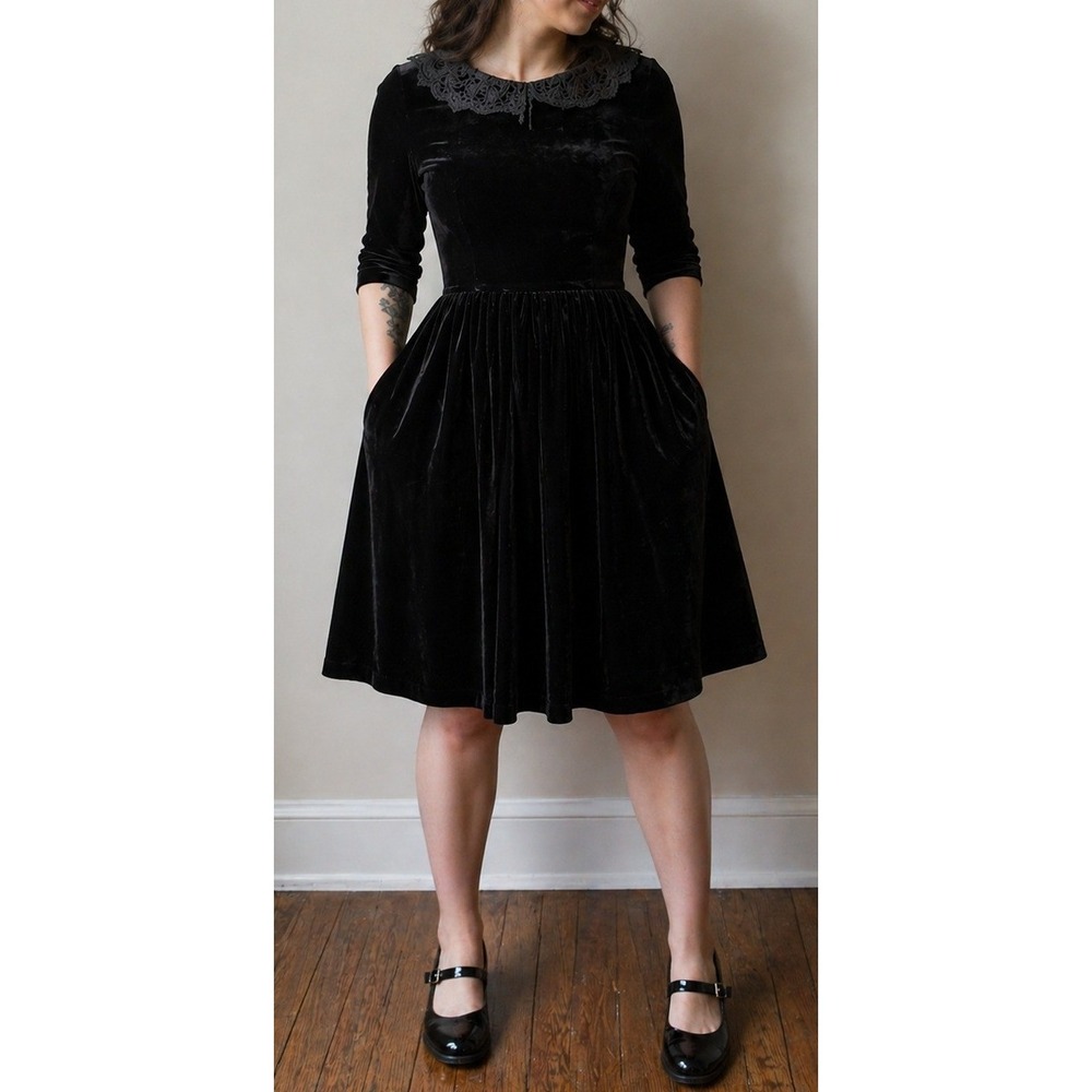 Joanie Dark Coquette Velvet Lace Collar Midi Dress 4 Preppy Goth Acadenia Retro